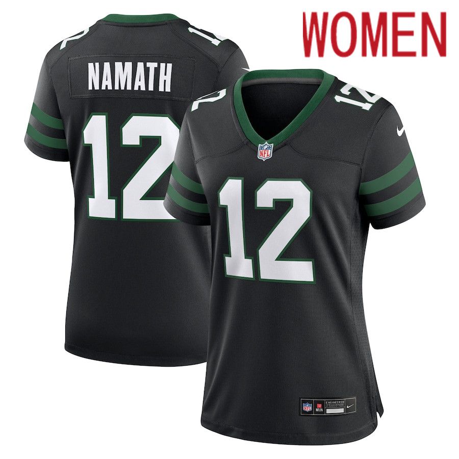 Women New York Jets #12 Joe Namath Nike Legacy Black Retired Player Alternate Game NFL Jersey->women nfl jersey->Women Jersey